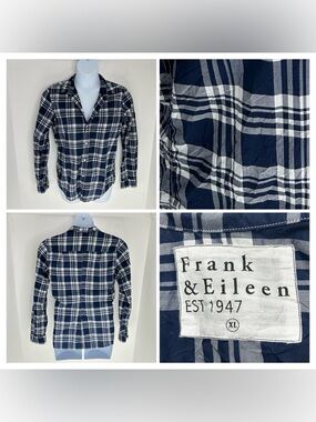 Frank & Eileen Barry Womens XL Blue Plaid Italian Cotton Crinkle Shirt *READ